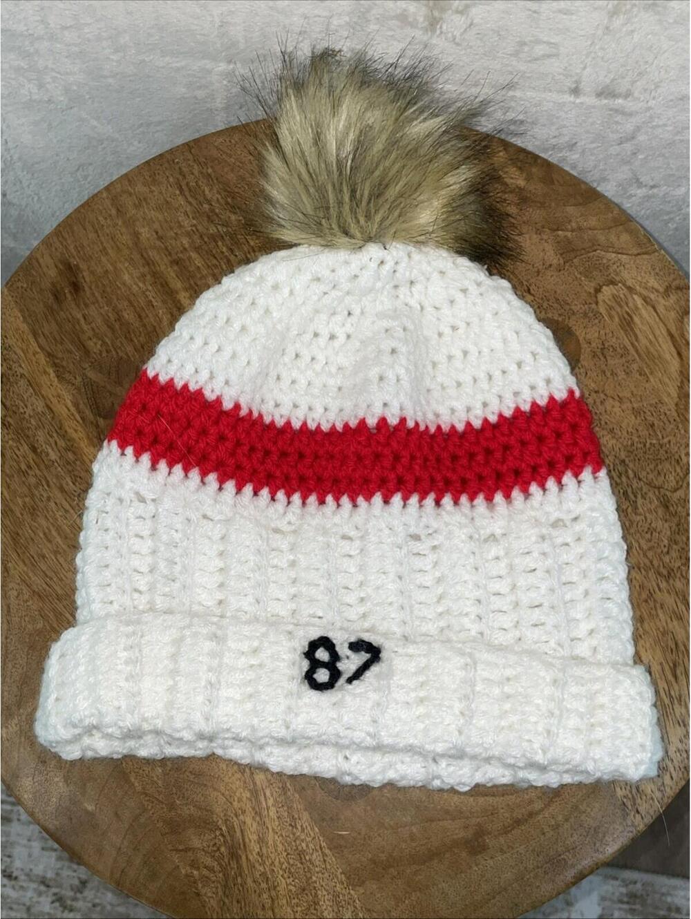 Taylor Swift Inspired #87 Kelce Beanie Red & White w/ Faux Fur Pom Pom